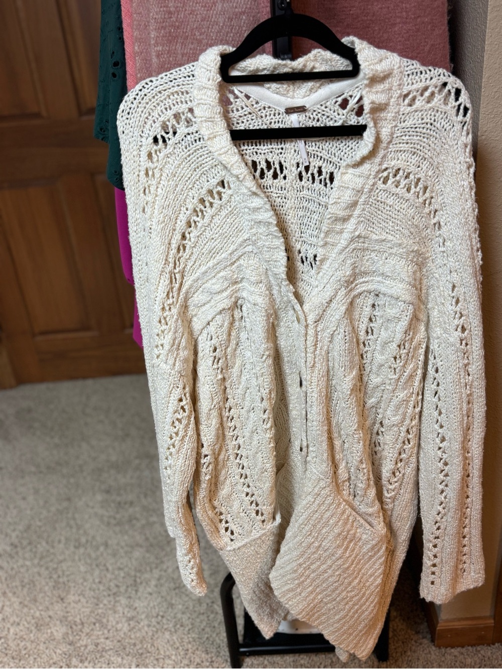Free People Cream Open-Knit Button Cardigan Sweater